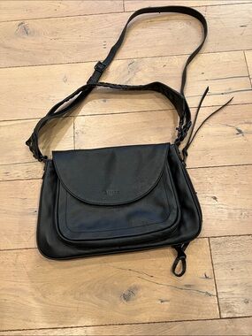 Black Leather Shoulder Bag with Front Flap
